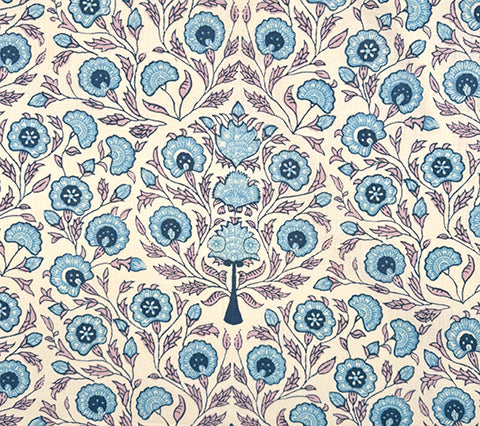 Home Couture Fabric: Kalamkari Floral - Lavender / Sky / Navy on Ivory 100% Linen