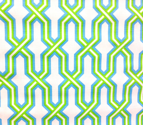 China Seas Fabric: Gorrivan Fretwork - Custom Grass Green / Sky Blue on White Belgian Linen / Cotton
