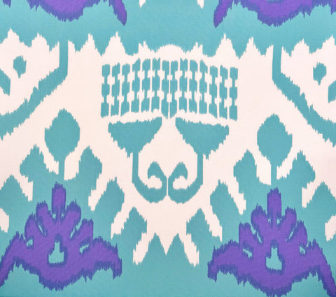 Quadrille Fabric: Kazak - Custom Brown / Aqua  / Lilac on White Suncloth (OUTDOOR)