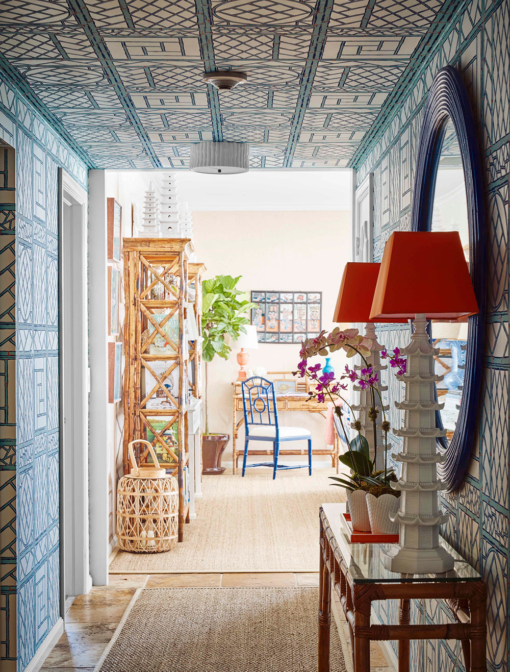 We look upon this 'Lyford Trellis' and we see a grid that attempts to impose order upon a nature that is fundamentally chaotic and indifferent. The green of the wallpaper is not the green of a gentle garden; it is the green of a jungle that is waiting for the designer to close his eyes so it may reclaim the hallway. Fondas has created a barricade of geometry against the void. It is a festive defiance. We walk through this corridor and we realize that the trellis is not merely decoration—it is a cage for the