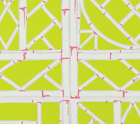 China Seas Wallpaper: Lyford Trellis - Custom Beiges / Pink on Lime Paper (5 YARD MINIMUM)