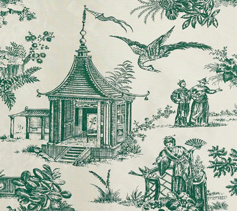 Quadrille Fabric: Paradise Engraving - Custom Dark Green on Cream Silk Taffeta