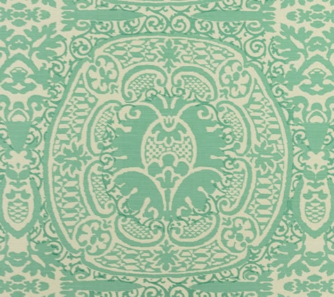 Quadrille Fabric: Veneto - Custom Turquoise on Tinted Belgian Linen / Cotton