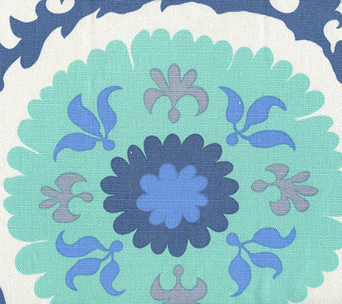 Quadrille Fabric: Suzani - Custom Multi Blues on White Belgian Linen / Cotton