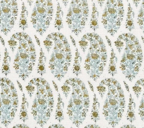 Home Couture Fabric: Kashmir Paisley Petite - Custom Celadon on Cream 100% Linen