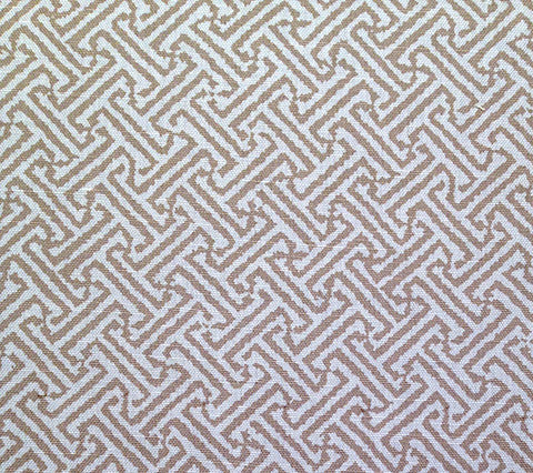 China Seas Fabric Java Java Custom Taupe ikat batik geometric print on White Belgian Linen/Cotton