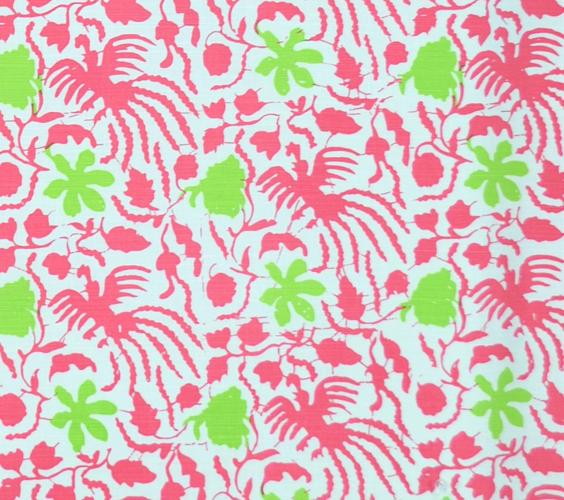 China Seas Fabric: Seya - Custom Pink / Jungle Green on White Belgian Linen/Cotton detail