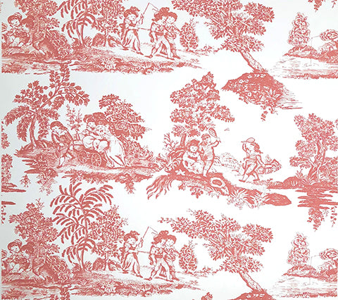 Quadrille Wallpaper: Les Enfants Engraving - Custom Watermelon on White Paper
