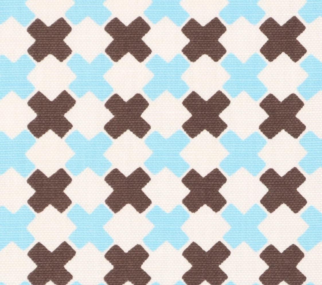 China Seas Fabric: Double Cross Multi - Custom New Blue / Brown on White Belgian Linen/Cotton DETAIL