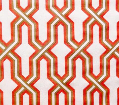 China Seas Fabric Gorrivan Fretwork Custom Peach Coral Taupe geometric print on Tinted Belgian Linen Cotton