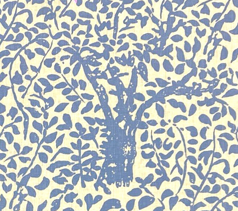 A fabric featuring a large-scale floral pattern with custom French blue on a tinted 100% linen background.