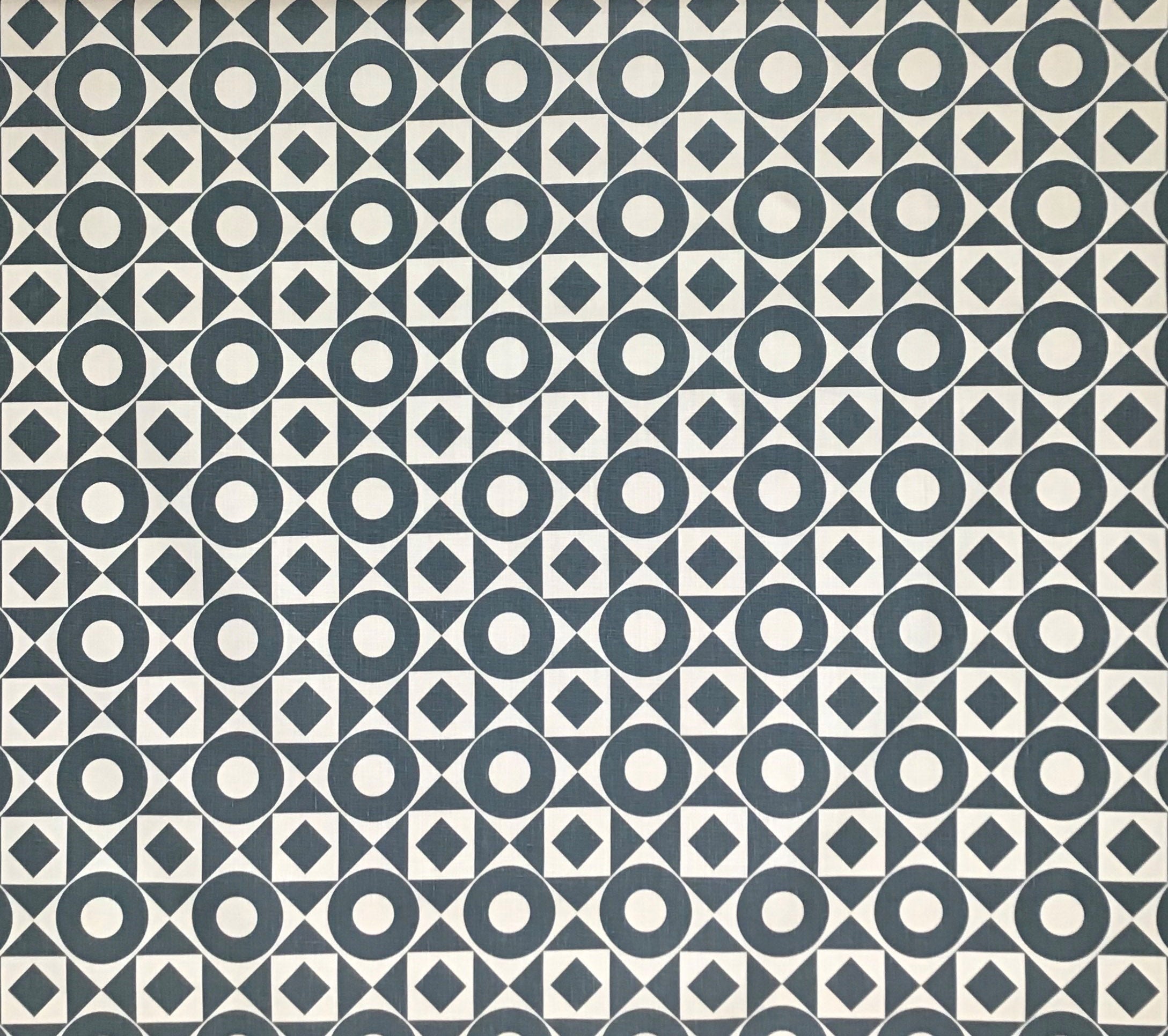 Home Couture Fabric: Circles & Squares Reverse - Charcoal on Tan 100% Belgian Linen