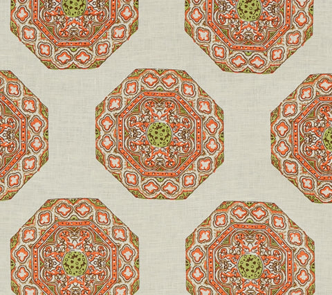 Home Couture Fabric: Medallion - Custom Melon / Taupe / Jade Green on Cream