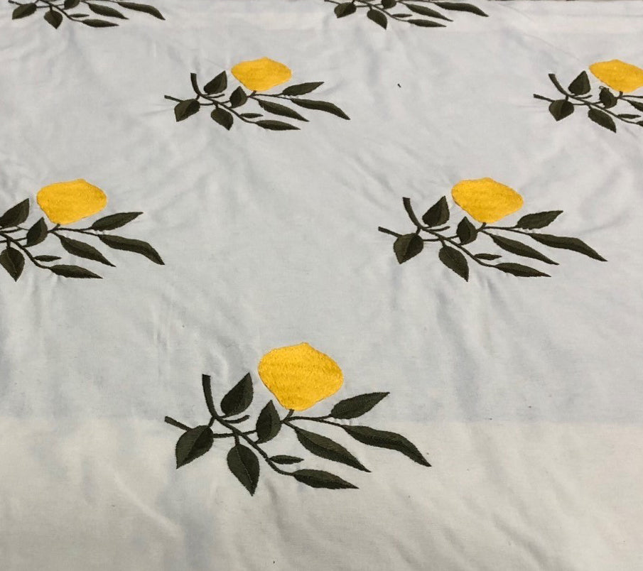 Quadrille Fabric: Lemon Tree - Custom Yellow / Green Embroidery on Ecru 100% Cotton Sateen (Imported from Spain) detail