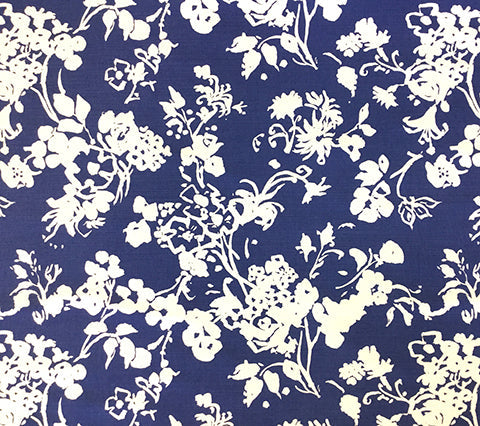 China Seas Fabric: Silhouette Reverse - Custom Dark Blue reverse floral print on Custom Optic White Belgian Linen/Cotton