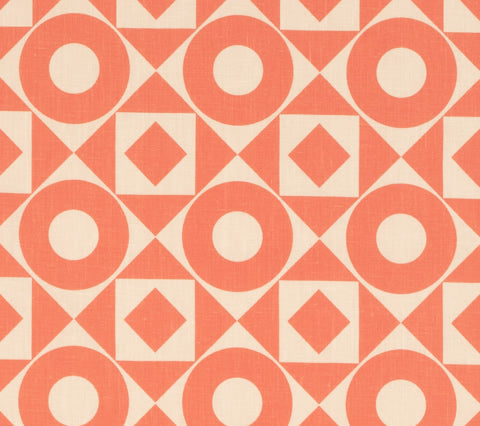 Home Couture Fabric: Circles & Squares One Color - Custom Tomato on Tan 100% Soft Washed Linen