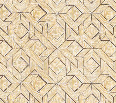 China Seas Fabric: Parquetry - Custom Brown / Camel on White Belgian Linen / Cotton