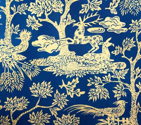 Quadrille Prints: Magic Garden Reverse - Navy on Tan Linen