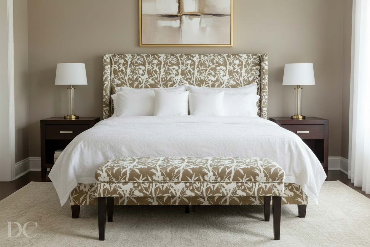 Bedroom with a bed featuring a patterned headboard and footboard, flanked by two nightstands with lamps.