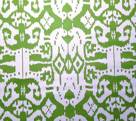 China Seas Fabric Island Ikat Custom Pistachio Green batik print on White Belgian Linen Cotton