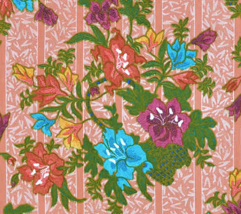 Heberlein Fabric: China Floral - Multi on Tangerine Swiss Linen / Cotton