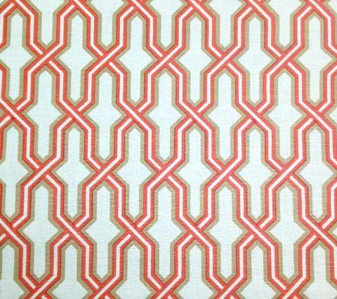 China Seas Fabric Gorrivan Fretwork Custom Taupe Shrimp Orange geometric print on White Belgian Linen Cotton