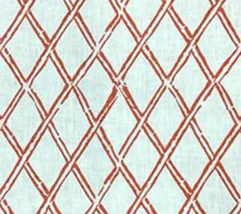 A fabric featuring a geometric bamboo trellis pattern on a shrimp on oyster background.