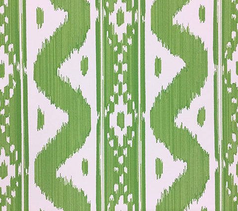 China Seas Wallpaper: Bali Hai - Custom Fresh Grass Green ikat batik print on Almost White Paper
