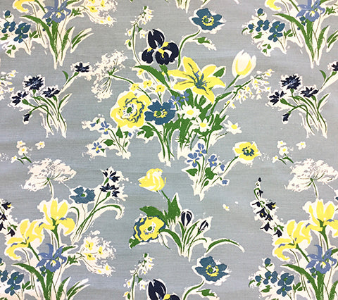China Seas Fabric: Flowers II - Custom Multi Blues / Yellow on White Belgian Linen/Cotton