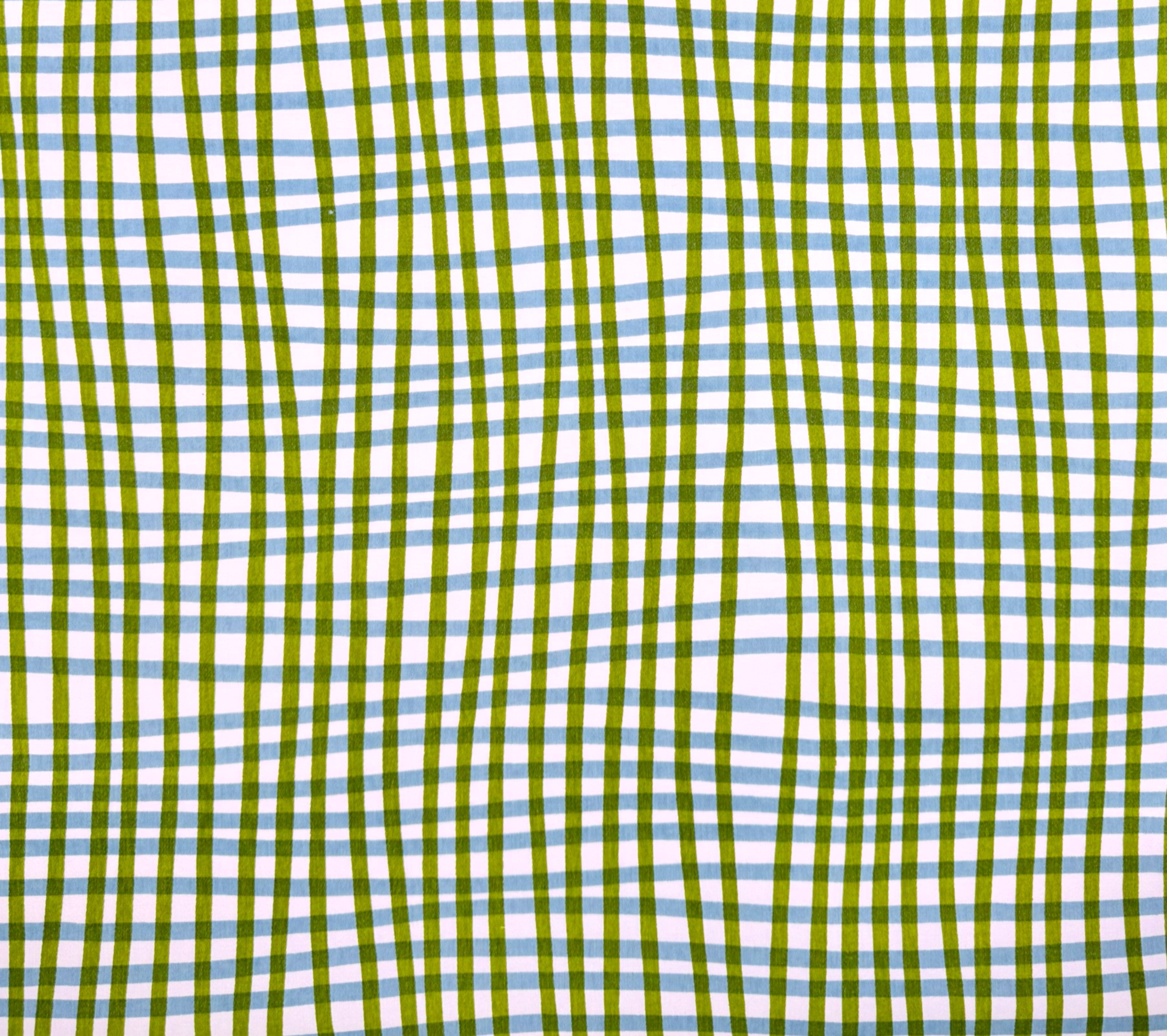 A close-up of a fabric pattern featuring vertical wavy stripes in olive green, light blue, and white.