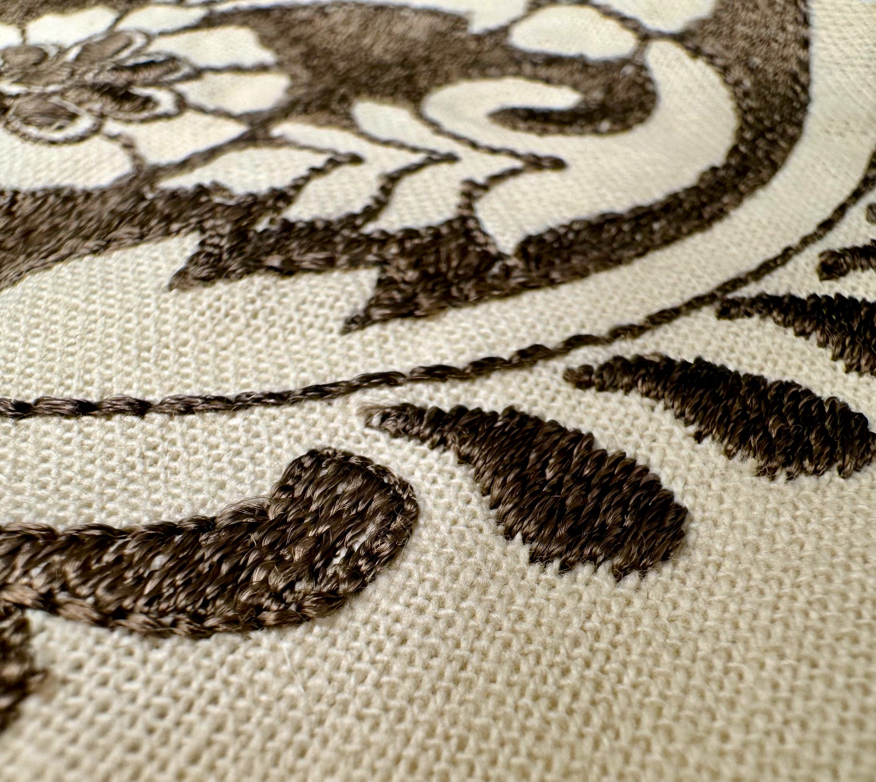 Quadrille Fabrics - Ashley Falls Embroidery - Beige on Brown Linen