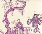 A close-up of a fabric or wallpaper pattern featuring a traditional Japanese-style illustration in purple and magenta on a warm cream background, showing figures, a curved tree trunk, and hanging floral details.