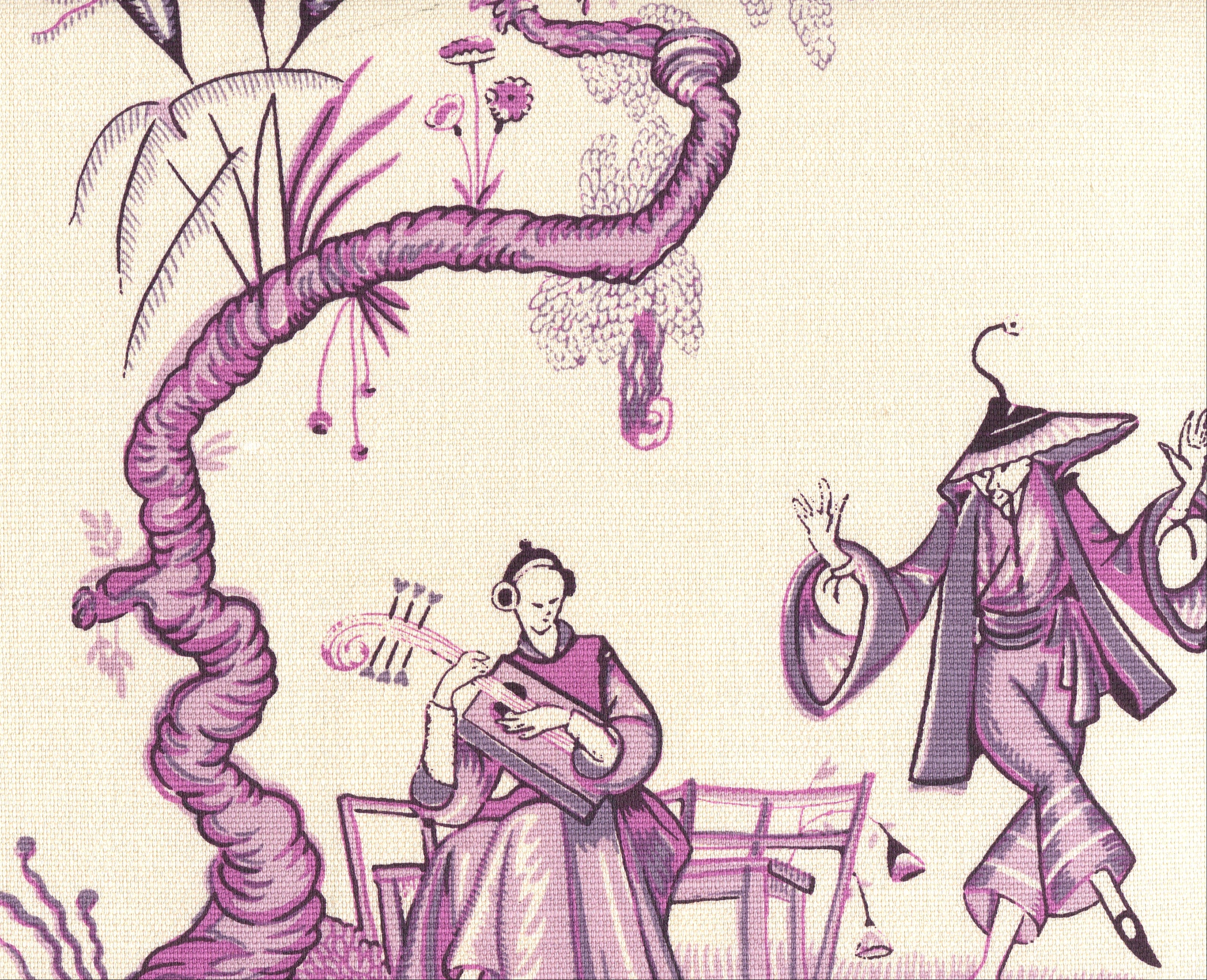 A close-up of a fabric or wallpaper pattern featuring a traditional Japanese-style illustration in purple and magenta on a warm cream background, showing figures, a curved tree trunk, and hanging floral details.