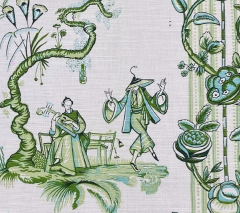 Quadrille Fabric: Danse Chinois - Custom Dark Green / Jungle on Tinted Belgian Linen / Cotton