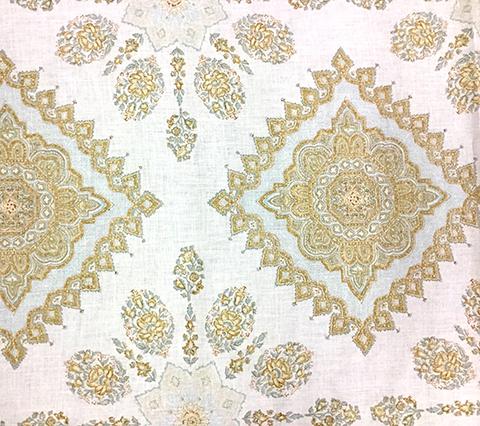 Home Couture Fabric: Persepolis - Custom Blue / Tobacco / Taupe on White Belgian Linen/Cotton