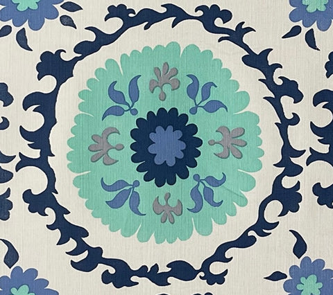 Quadrille Fabric: Suzani - Custom Royal / French / Zibby Blue / Aqua on White Linen / Cotton
