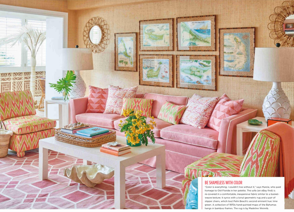 Lucaya-Ikat-Multi-chairs-and-pilloes-Hulai-Batik-pillows-Lyford-Trellis-wallpaper-Marcie-Bond-Coastal-Living-October-2018