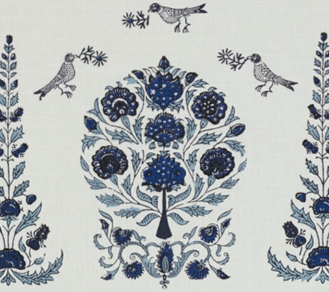 Home Couture Fabric: Kalamkari Allover - Custom Slate / Sky / Royal / Dk Blue on Tinted Belgian Linen/Cotton