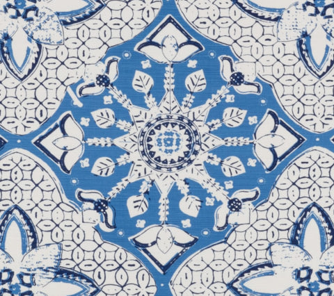 China Seas Fabric: New Batik - Custom Pacific Blue / New Navy on White Belgian Linen / Cotton