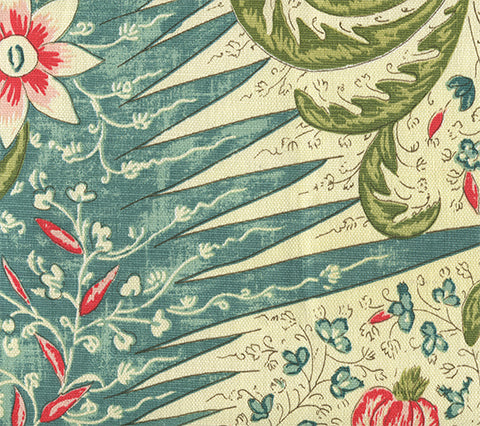 Quadrille Fabric: Les Indiennes Multicolor - Custom Multi Old Teal, Salmon, Red, Green on Belgian Linen / Cotton