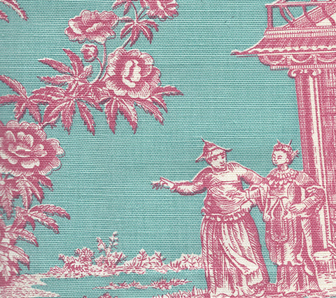Quadrille Fabric: Paradise Garden - Custom Rose on Turquoise Belgian Linen / Cotton