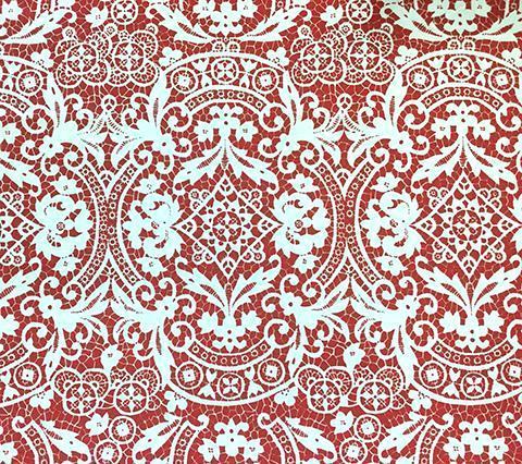 Alan Campbell Fabric: New Brompton - Custom Red lace damask print on Bright White Belgian Linen/Cotton