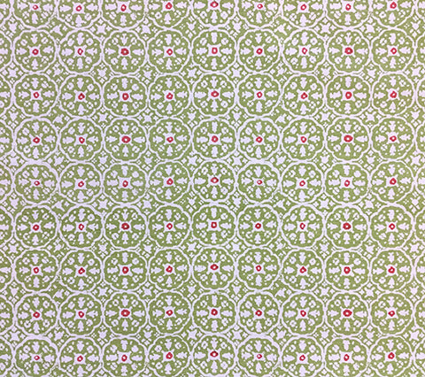 China Seas Fabric: Nitik II - Custom Jungle Green / Shrimp small batik print with circles and dots on Tinted 100% Belgian Linen