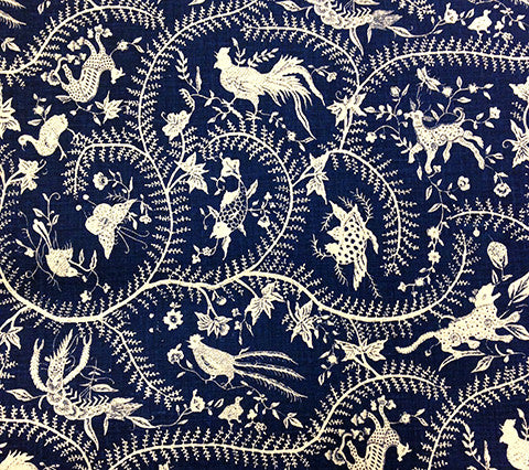 China Seas Fabric Cirebon Reverse Custom Navy on Tinted Belgian Linen Animals Vines Chinoiserie