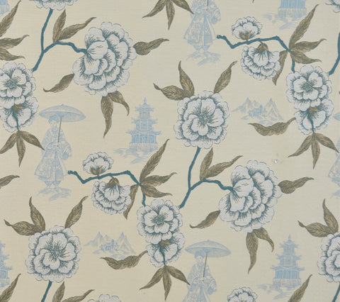 China Seas Fabric: Kyoto I - Blue / Brown on Ecru Trevira (Commercial Quality) detail