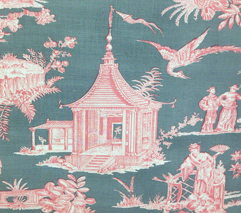 Quadrille Prints: Paradise Garden Custom Pink Gray toile chinoiserie asian temple print on Belgian Linen/Cotton fabric