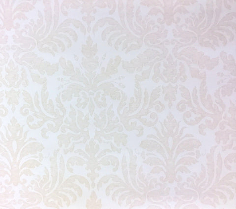 Quadrille Wallpaper: Sevilla Damask - Custom Tan on Almost White Paper