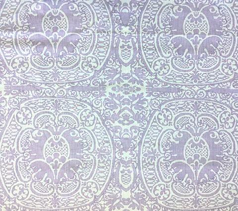 Quadrille Prints: Veneto - Custom Soft Lavender fortuny damask print on White 100% Belgian Linen