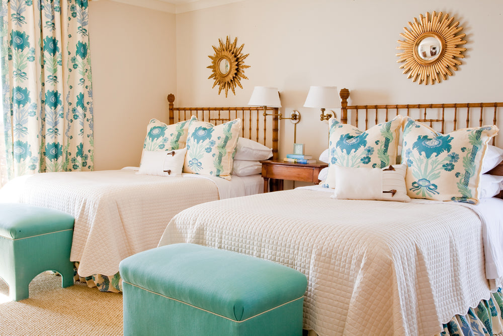 Quadrille Fabric: Victoria - China Blue on Tinted 100% Linen