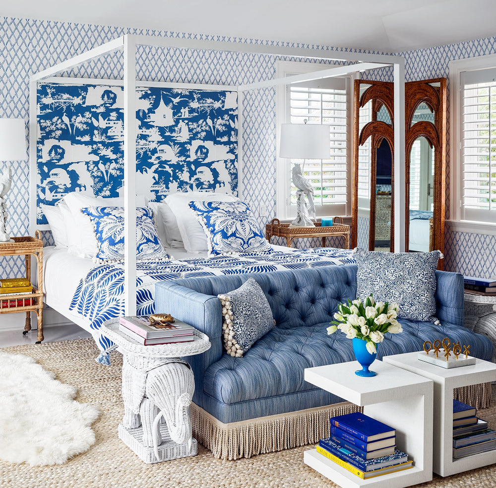 Paradise-Background-headboard-Lyford-Diamond-Bamboo-wallpaper-Jonathan-Adler-Elle-Decor-April-2020